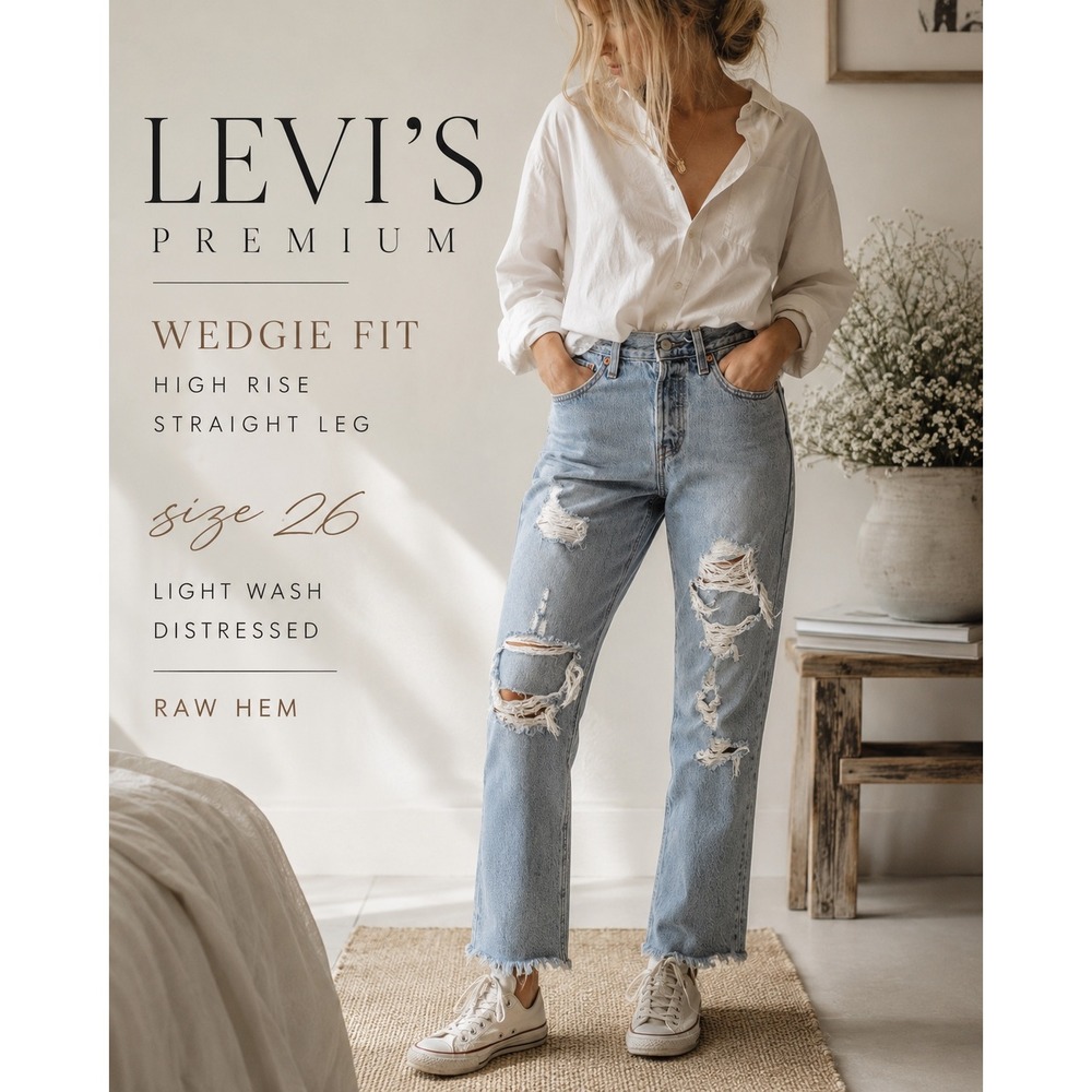 Levi's Premium Wedgie Straight Jeans 26 High Rise Distressed Raw Hem Light Wash